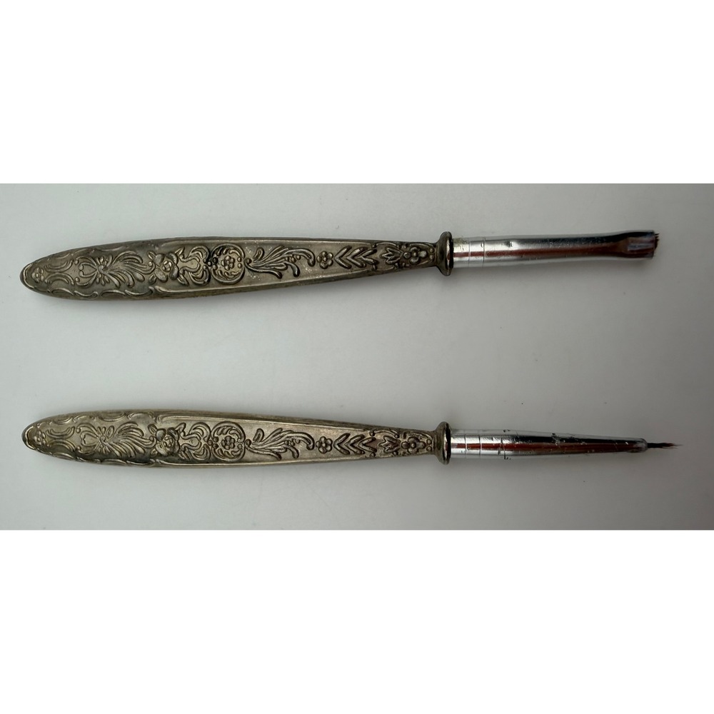 Vintage Ornate Repousse Floral Silver Tone Vanity Brush and Tool Set 2pc